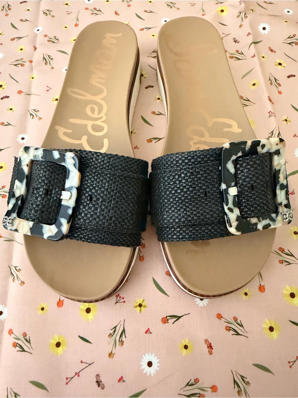 Sam Edelman Black Woven Slide Sandals with Tortoiseshell Buckles - Picture 3 of 3